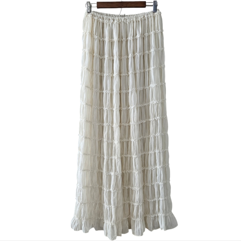 Womens Boho Cream Pleated Ruffle Maxi Pettiskirt Skirt - Picture 2 of 5